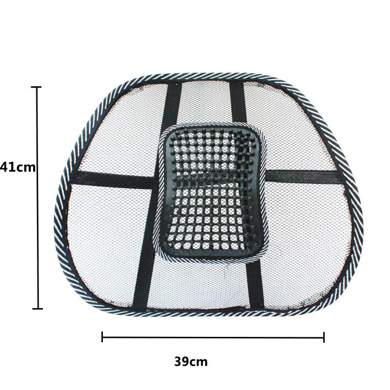 Black car lumbar support pillow with polypropylene fibre surface measuring 41x39cm