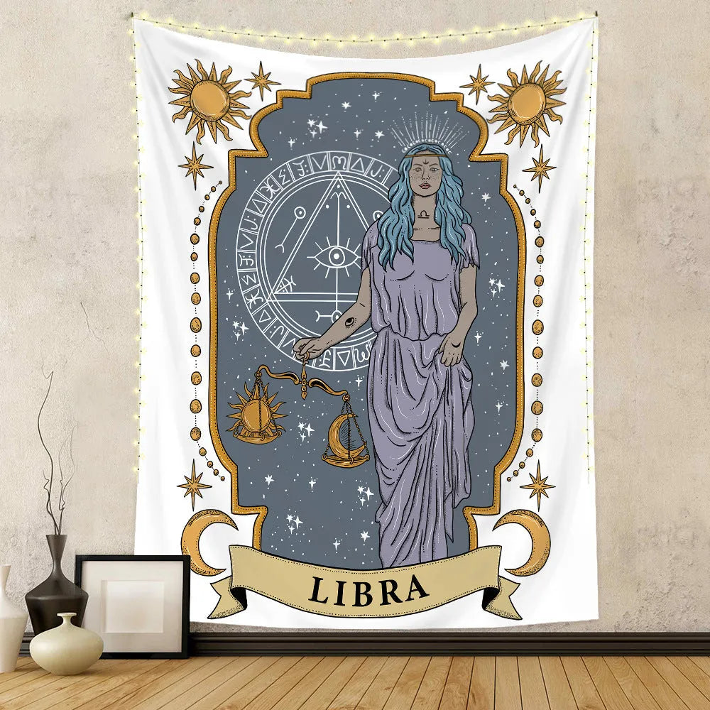 Rectangular polyester fibre tapestry with constellation skull tarot design in multiple sizes 73X95CM to 180X230CM
