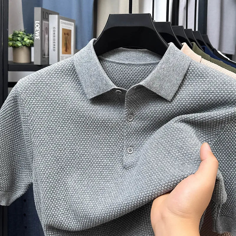 Men's loose fit cotton short sleeve sweater in six colour options showing pullover style
