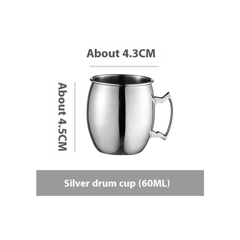 Stainless steel Moscow Mule cup with copper-plated finish in hammered and plain styles.