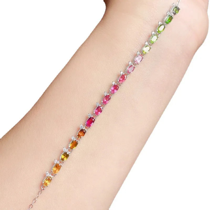 Women's natural tourmaline bracelet with 5x3mm stones in 925 sterling silver white gold colour finish