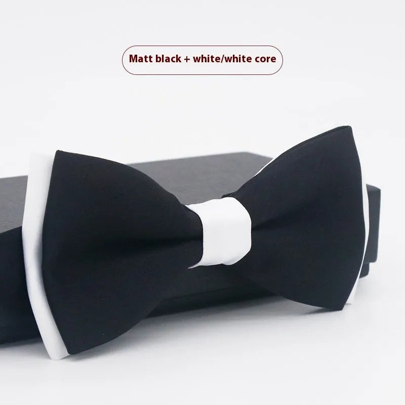 Men's flat head style polyester bow tie in a solid colour, shown with adjustable neck strap.