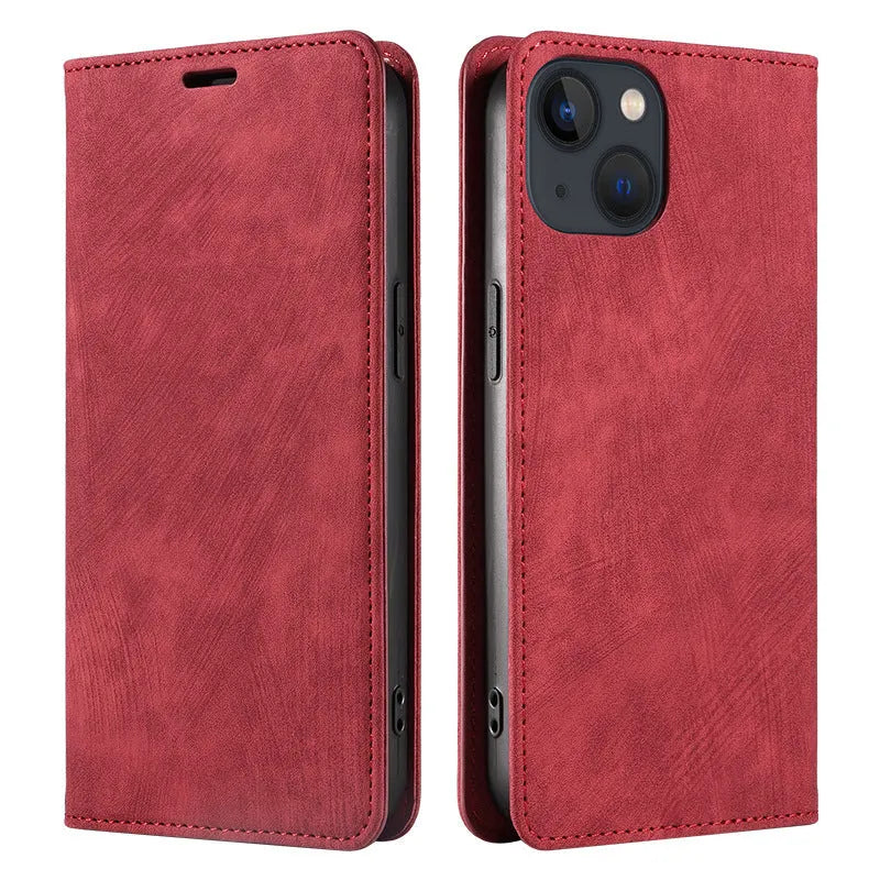 Magnetic flip phone case for iPhone in multiple colours, showing TPU body and leather cover.