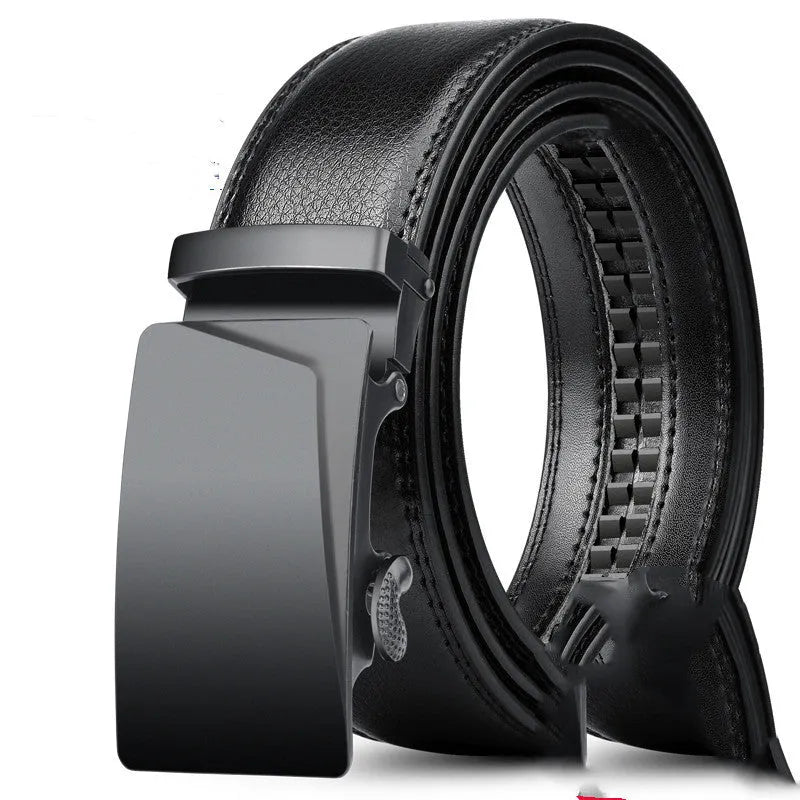 Men's leather belt with automatic buckle, cowhide body, 3.5cm width, black surface finish, size 115cm
