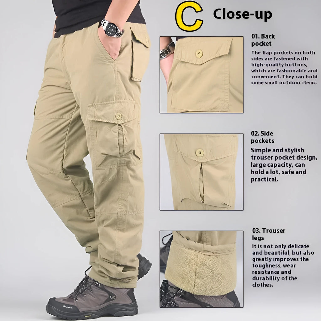 Men's cotton velvet overalls with wool lining in khaki, black, and army green colours showing loose straight leg design