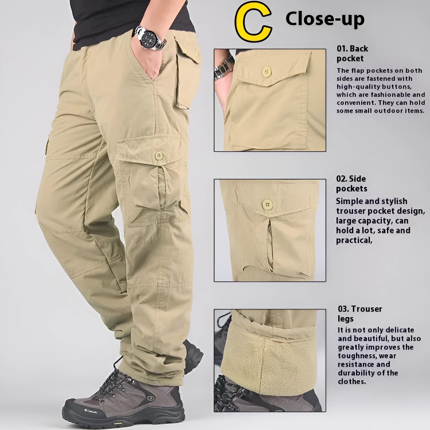 Men's cotton velvet overalls with wool lining in khaki, black, and army green colours showing loose straight leg design