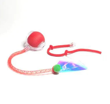 Interactive electronic cat toy ball with coloured lights on grey, green, and red backgrounds.