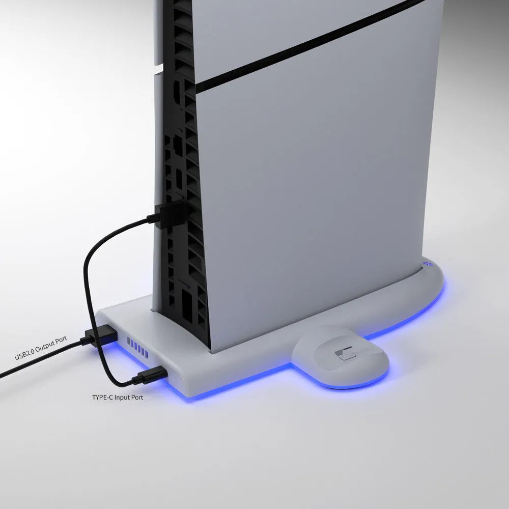 PS5 Slim multifunction cooler pad fan with integrated charger and RGB ambient lighting in white