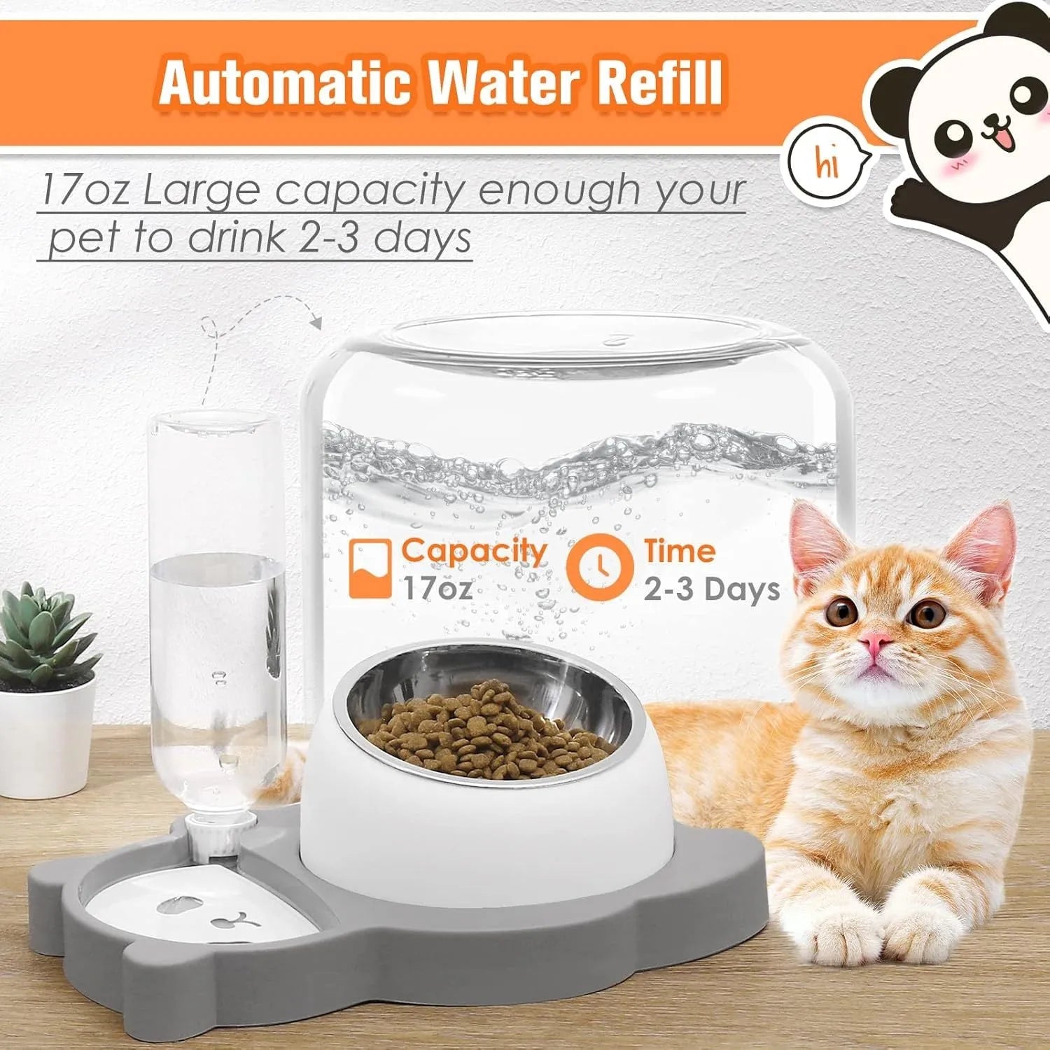 Grey panda-shaped automatic pet water dispenser and tilted food bowl set on a table.