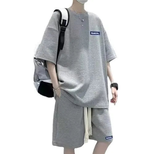Cotton waffle knit leisure sports suit set with short sleeves and shorts in grey