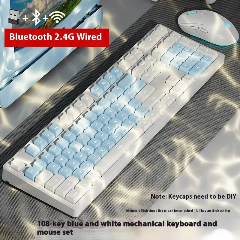 Wireless mechanical keyboard with three connection modes, shown in a choice of 87-key or 108-key layouts and various colour themes.