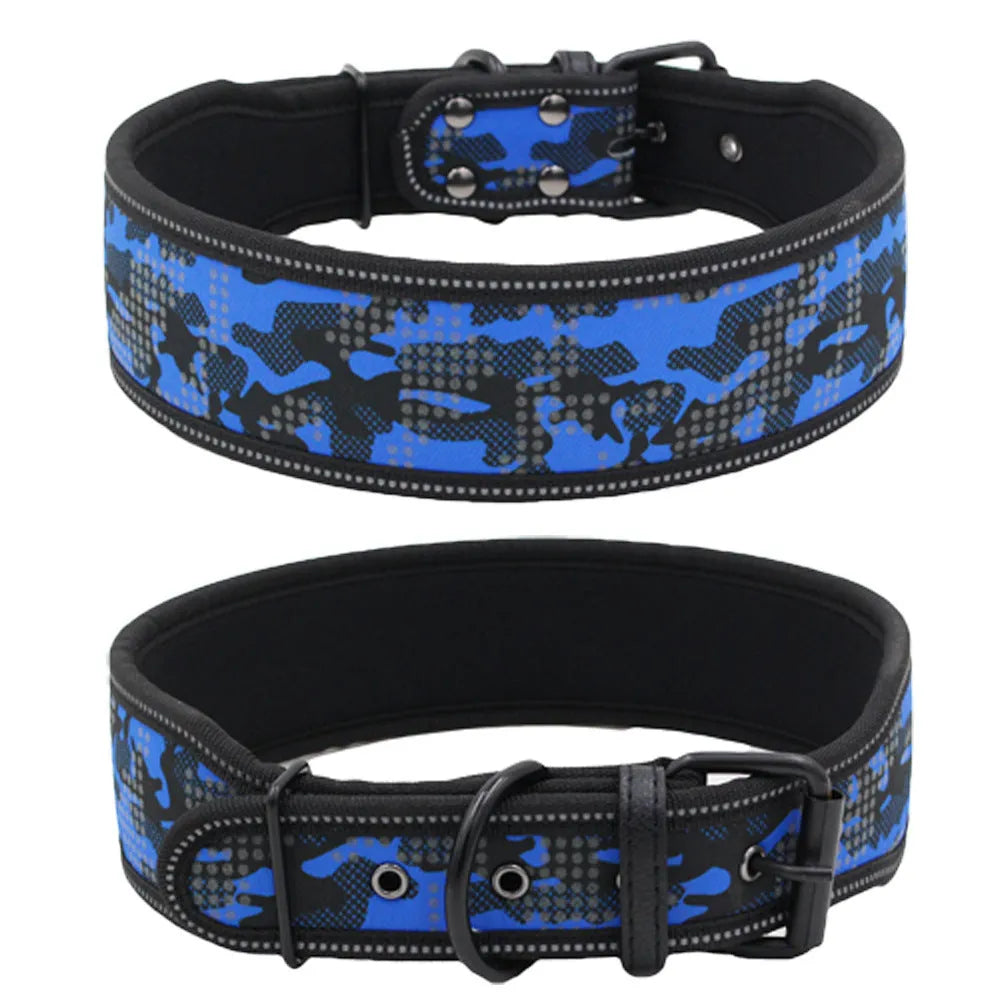Reflective camouflage nylon dog collar in blue on a light background showing three size options