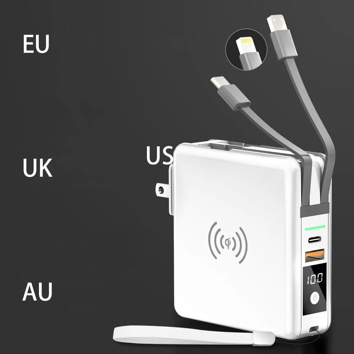 Black and white 10000mAh power bank with wireless charging, a fold-out plug, and international travel adapters.
