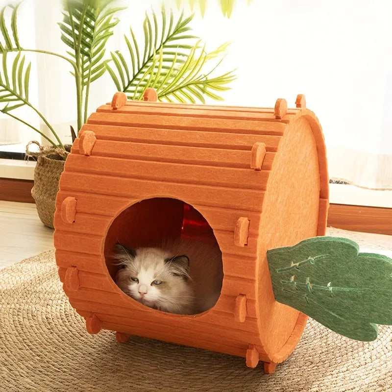 Carrot-shaped grey felt cat tunnel nest for cats, shown in a semi-enclosed design.