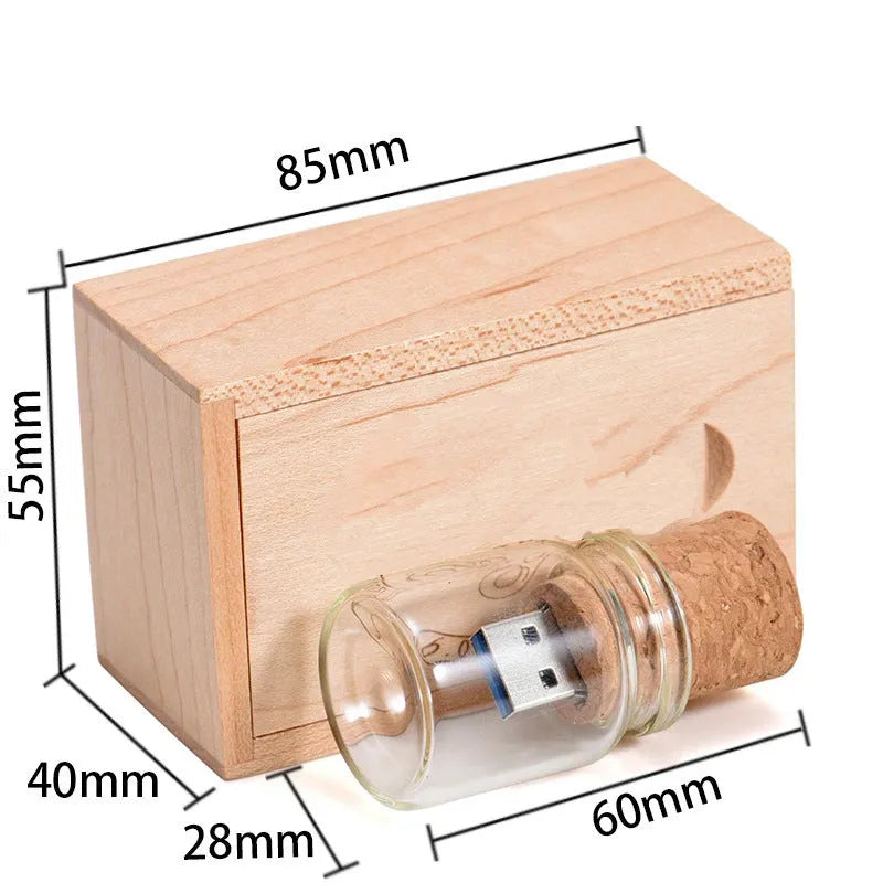 Personalised wooden drift bottle USB flash drive in chocolate brown with custom graphics