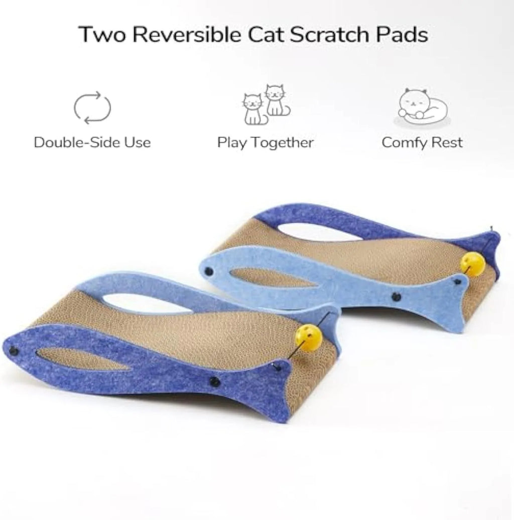 Blue fish-shaped cardboard cat scratcher with a wavy lounging area and a hanging bell ball toy.