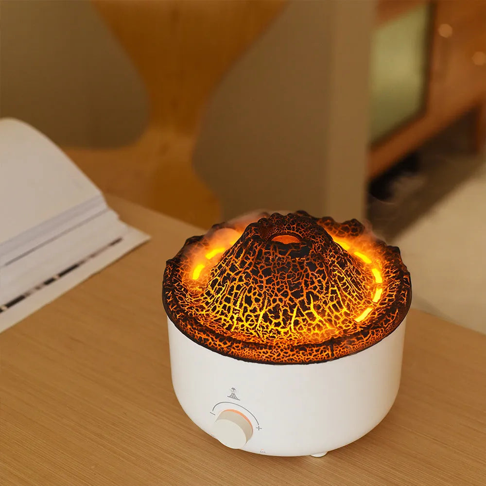 White ultrasonic simulated flame humidifier with remote control and low noise, 162x162x128mm