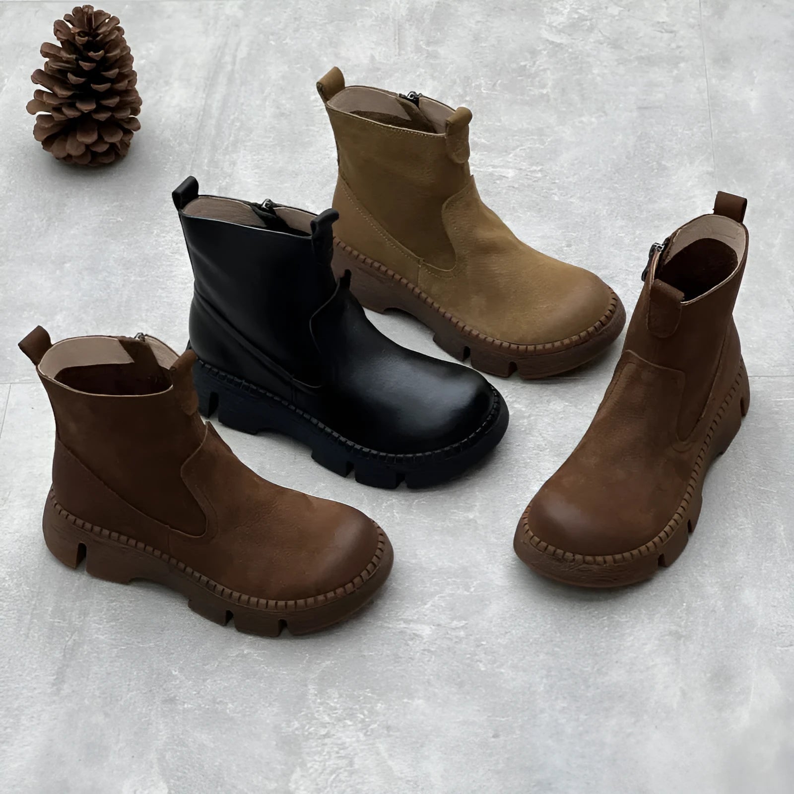 Round toe women's leather boots in black, first layer cowhide upper, side zipper, mid heel, middle calf shaft