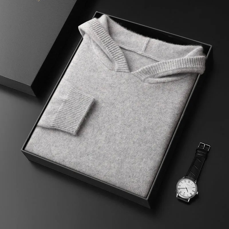 Men's cashmere hooded thickened sweater in solid colour, loose fit, long sleeves, front view
