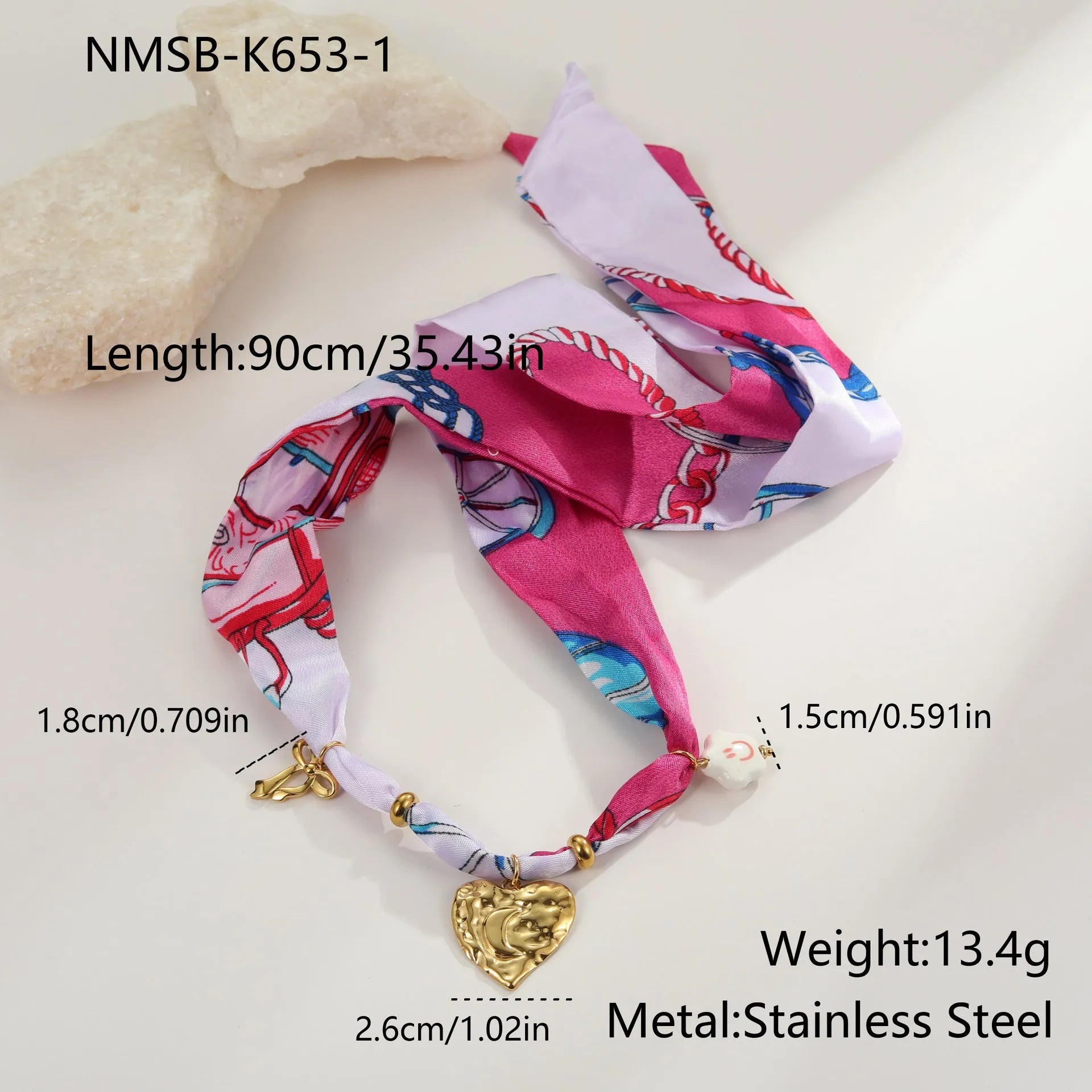 Geometric pendant necklace and bracelet set with colourful silk scarf pattern, stainless steel with 18K gold plating