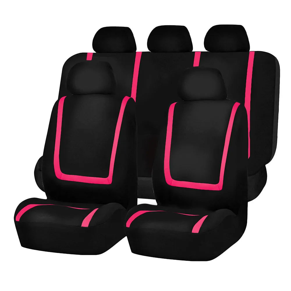 Fully enclosed fabric car seat cover set shown in a two-tone colour on a vehicle seat.