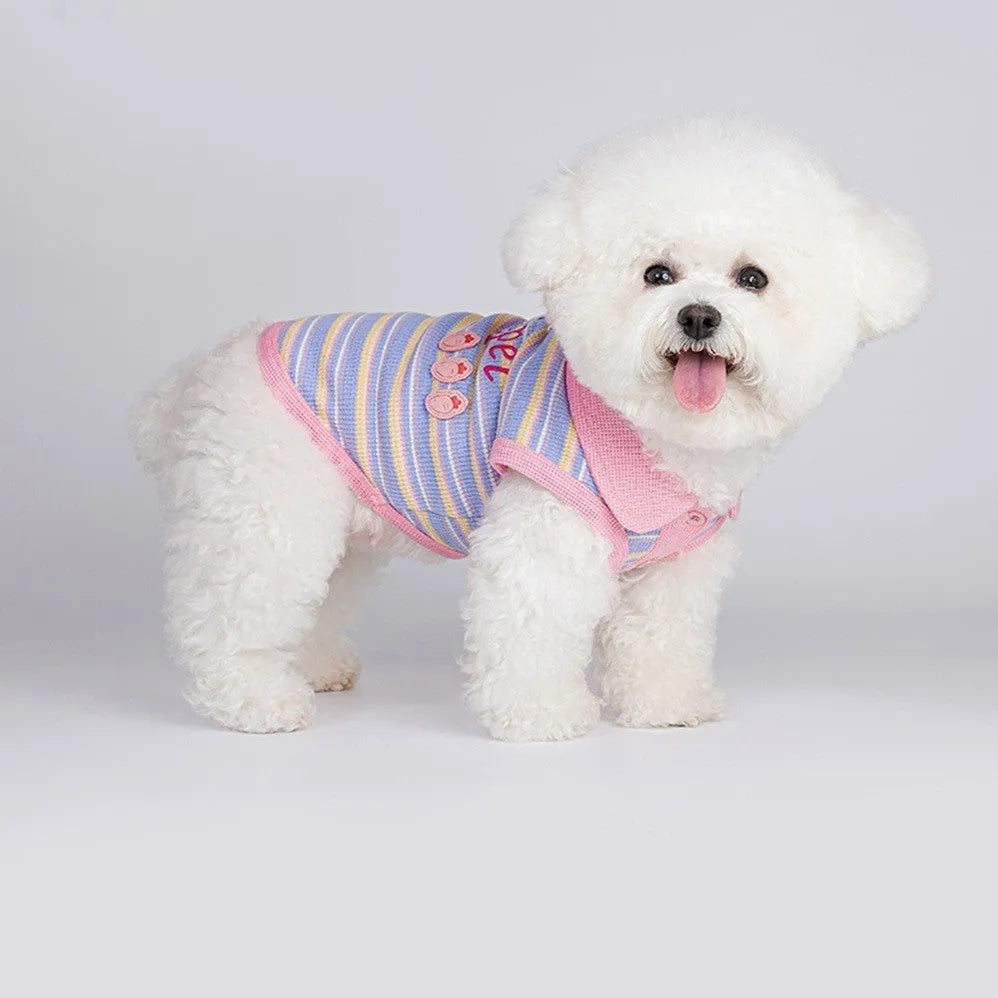 Pink purple autumn vest for small dog showing seven size options from XXS to XXL