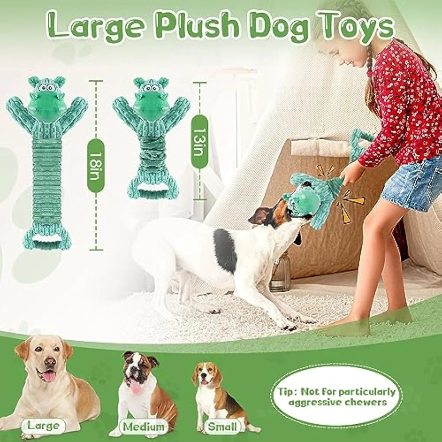 Large plush squeaky dog toy in hippo or monkey design with a handle for tug of war.
