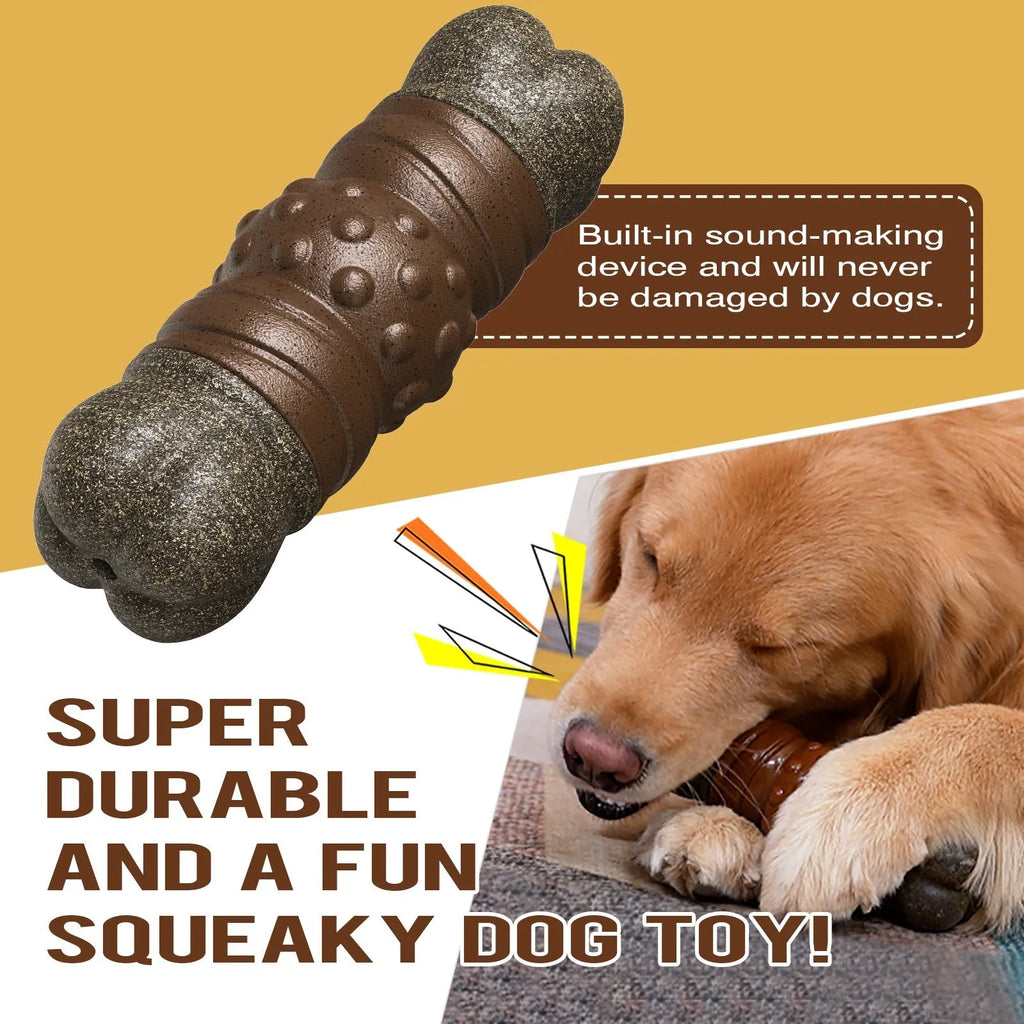 Wood colour plastic dog toothbrush toy with sounding bone design and molar rod texture