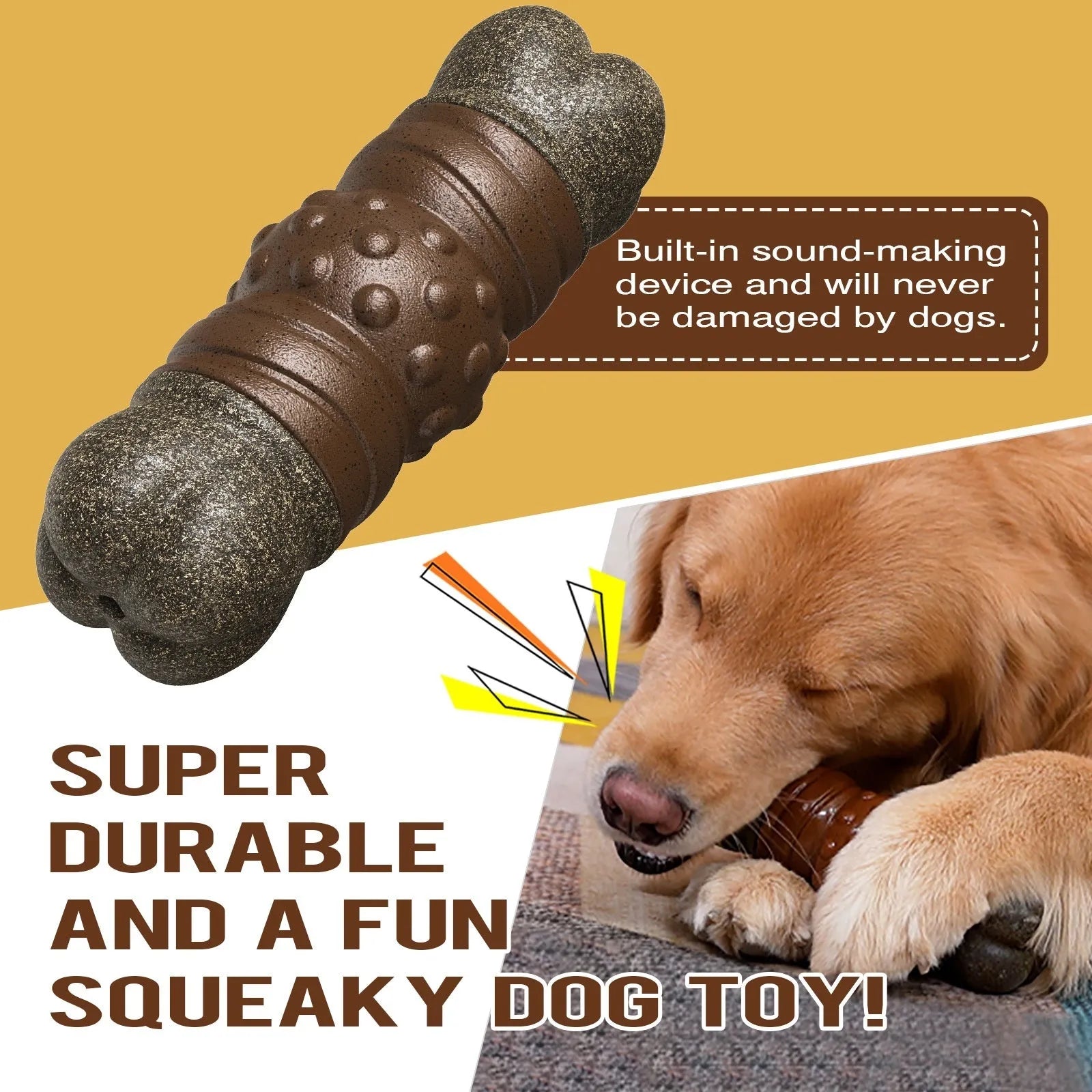 Wood colour plastic dog toothbrush toy with sounding bone design and molar rod texture
