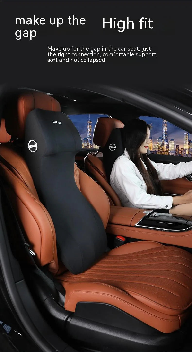 Integrated memory foam car headrest and lumbar support cushion in black, brown, red, green, blue, or grey colours