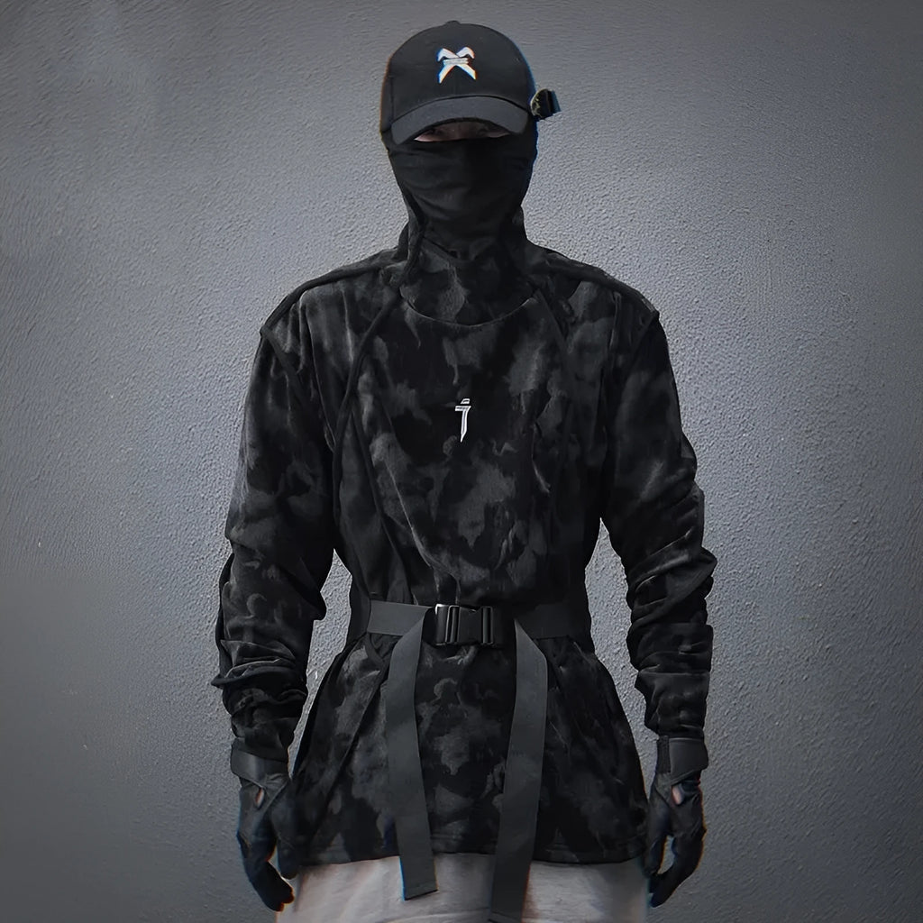 Men's black tie-dye printed turtleneck sweater with drop-shoulder sleeves