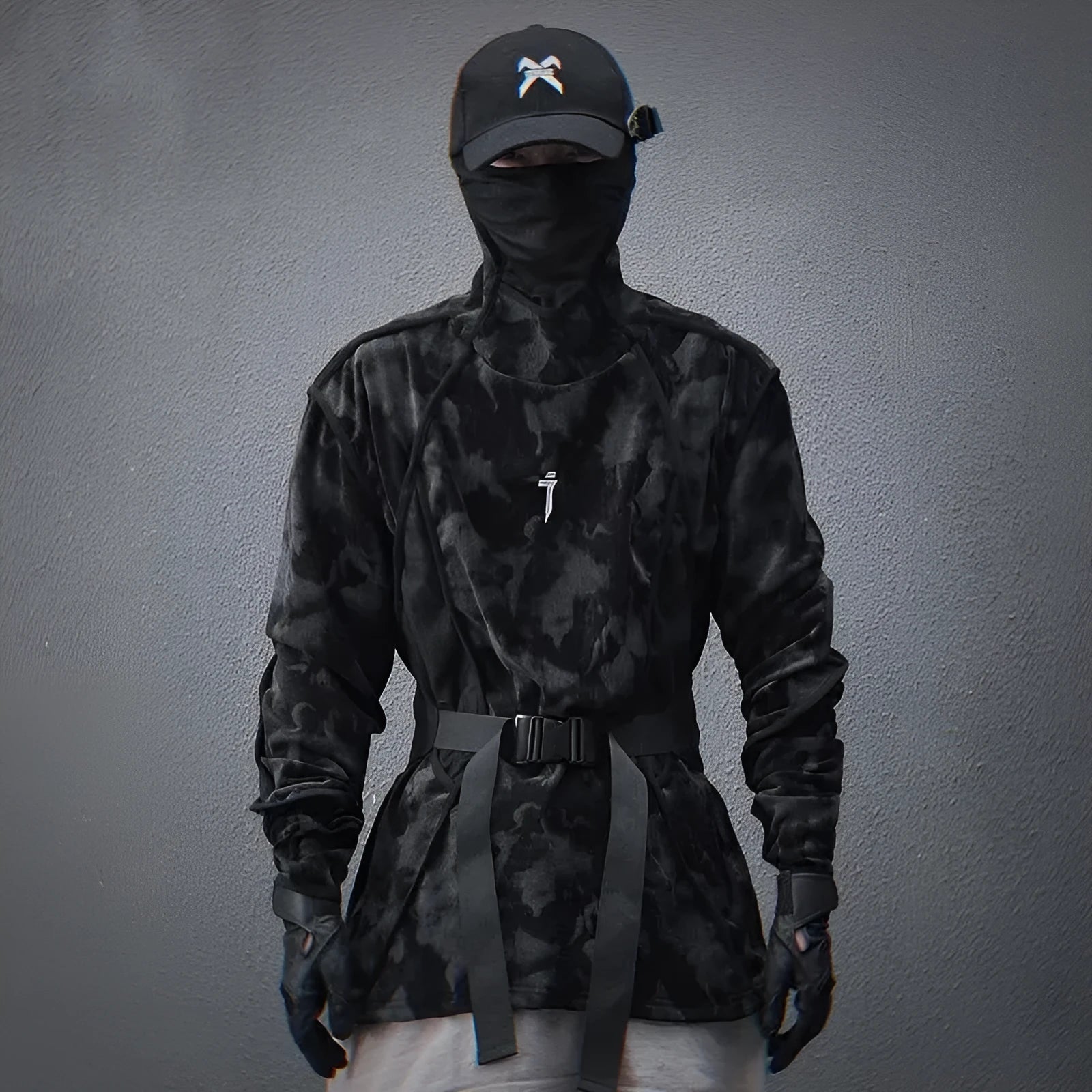 Men's black tie-dye printed turtleneck sweater with drop-shoulder sleeves