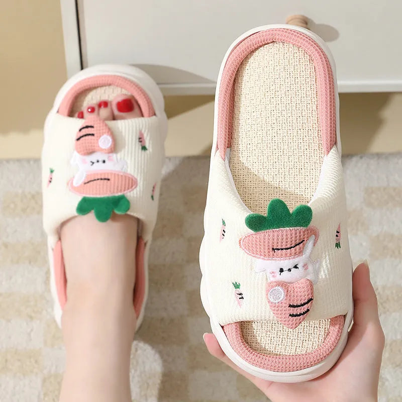 Cute carrot rabbit linen slippers with non-slip thick bottom in orange