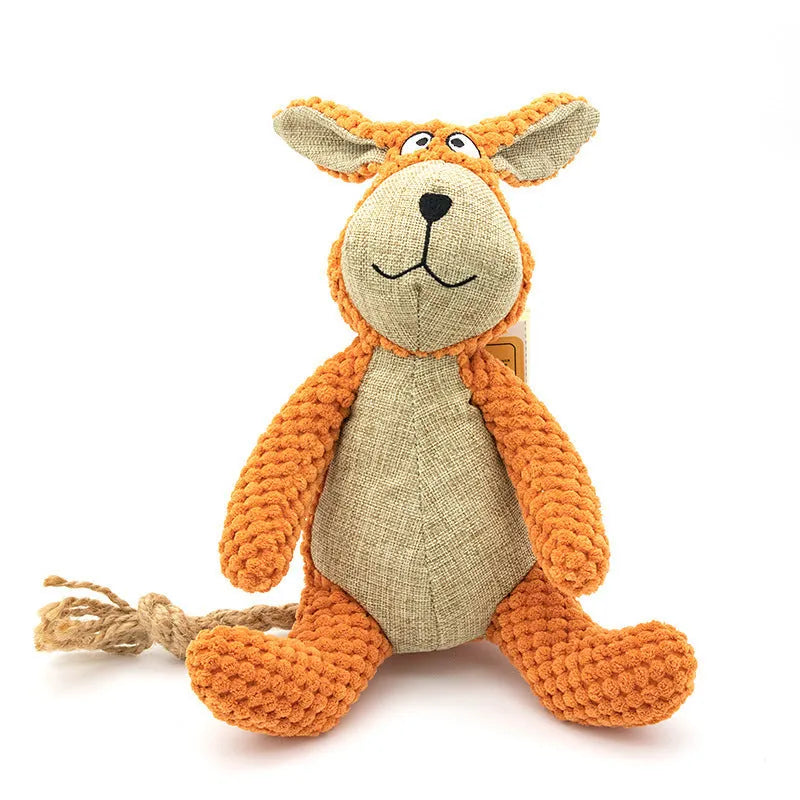 Dog plush squeaky toy in animal shape – donkey, elephant, orangutan, or rabbit – for teeth cleaning and interactive play