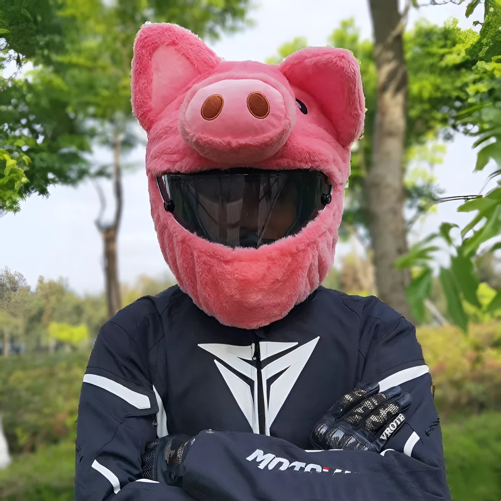 Cartoon design plush protective hood for motorcycle helmets in pink pig colour