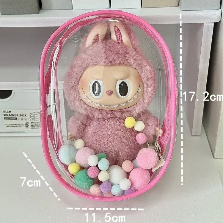 Transparent 17cm PVC cube storage bag with colourful ball keychain in avocado green colour