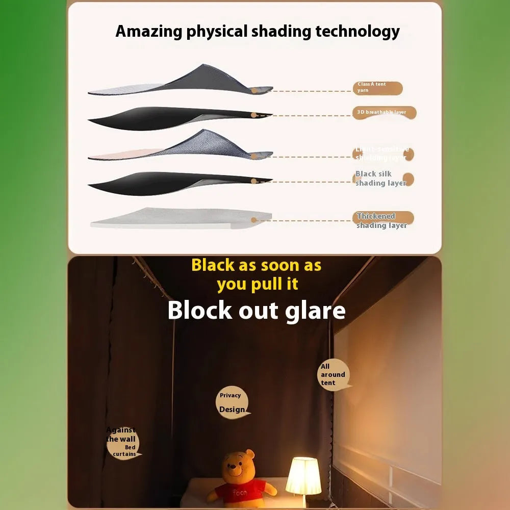 Grey polyester bed curtains with integrated mosquito net for single bed with three door access
