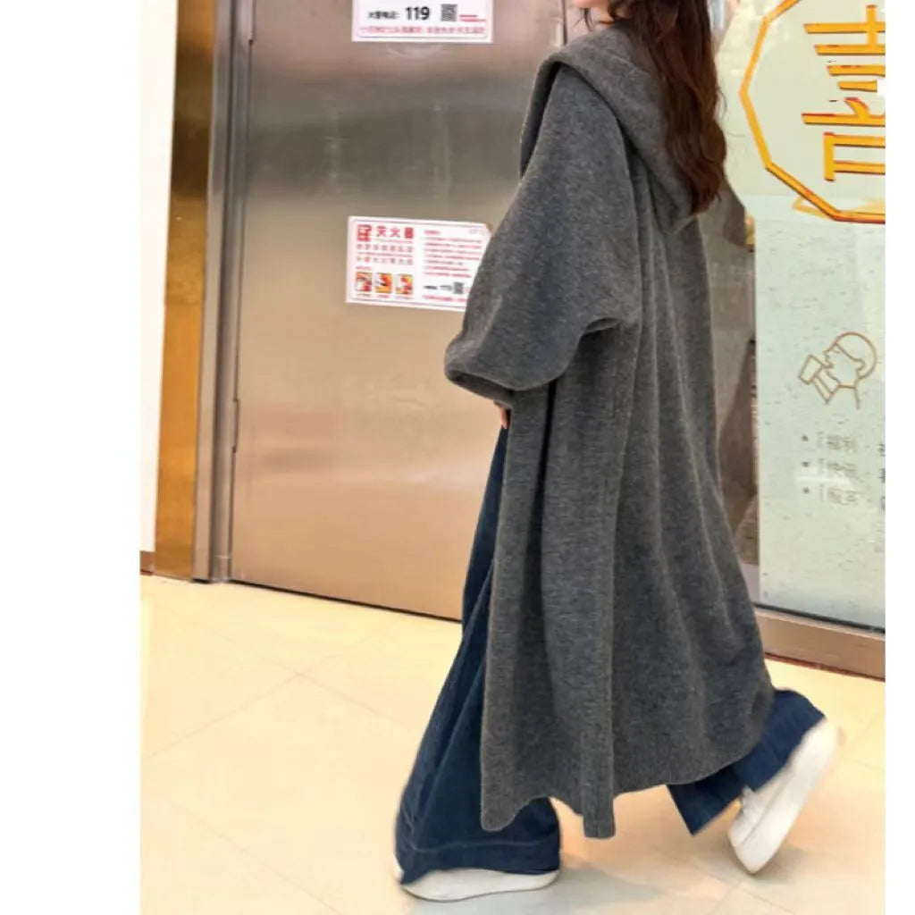 Korean style long below-knee hooded cardigan for women in a loose fit, shown in beige.