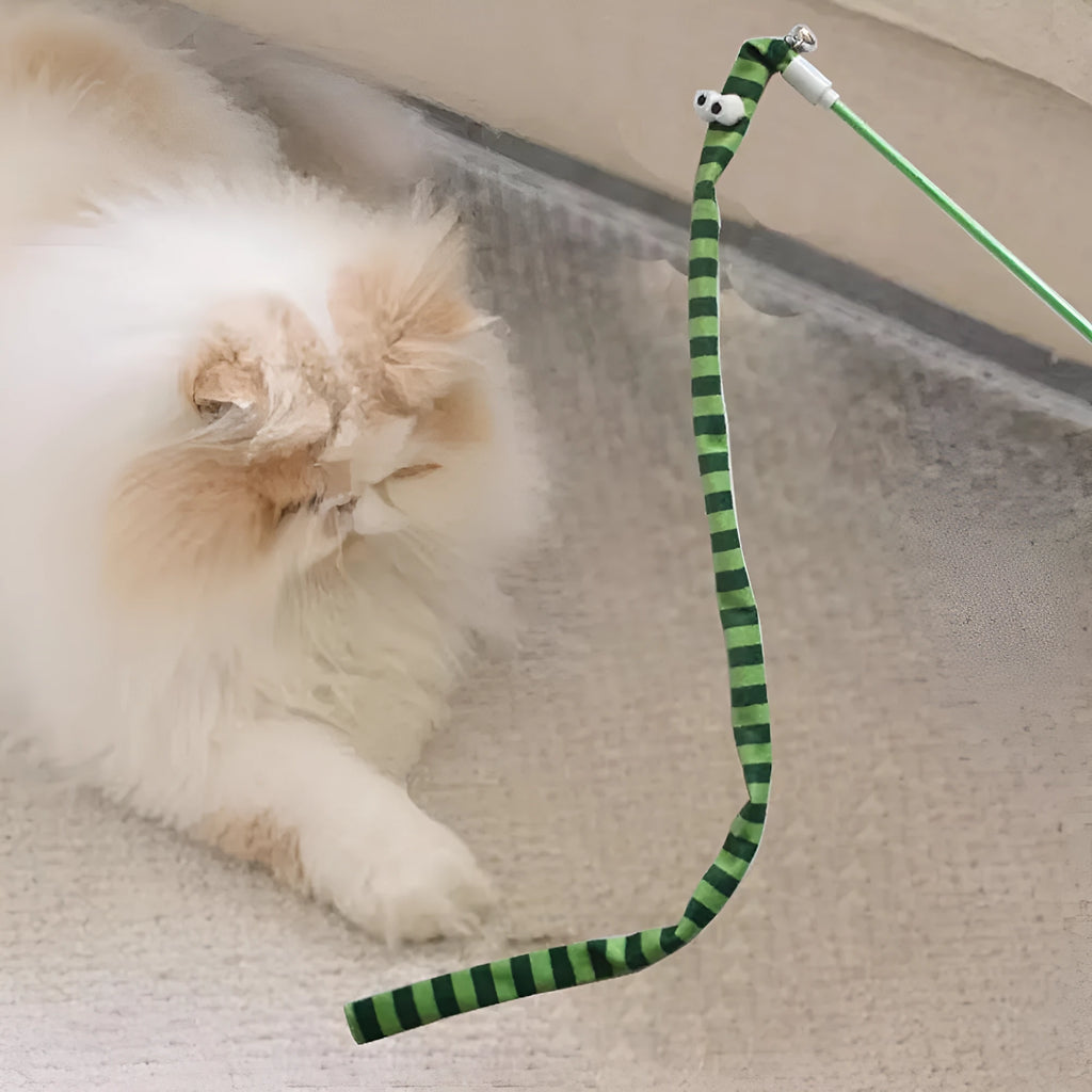 Cat wand toy with polycarbonate handle and long plush strip in vivid colours