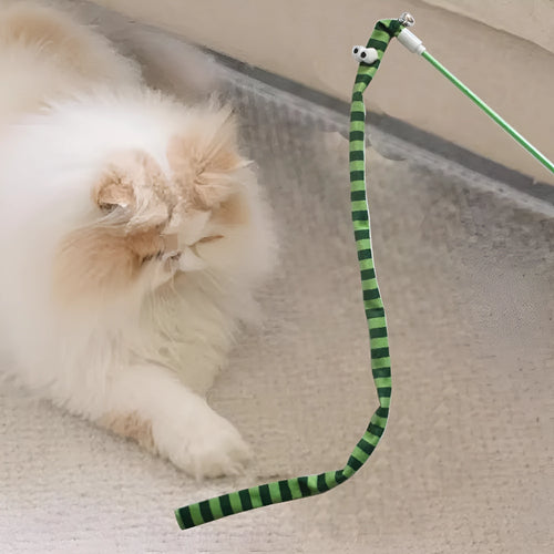 Cat wand toy with polycarbonate handle and long plush strip in vivid colours