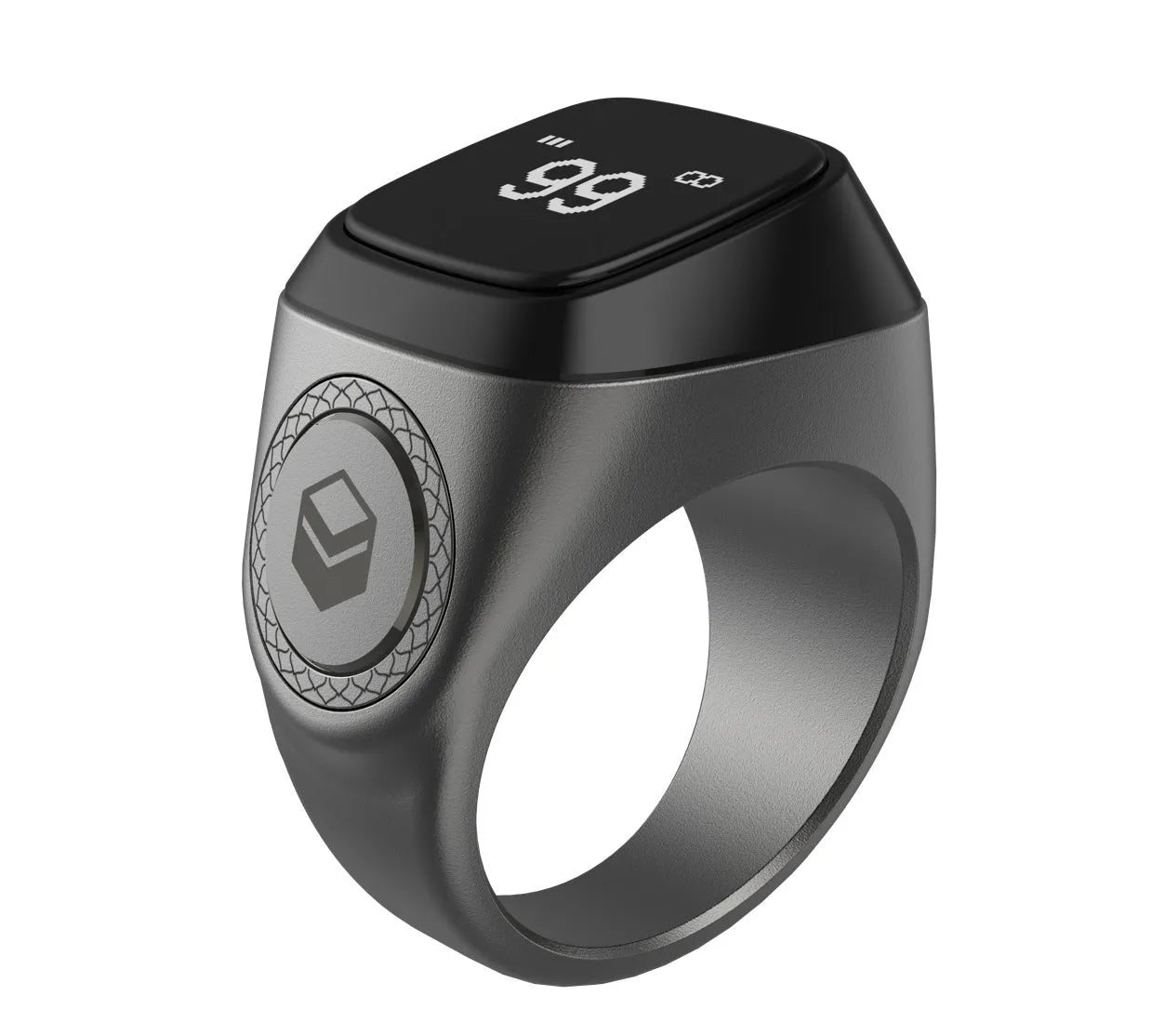 Silver smart ring with a small OLED screen displaying numbers, shown next to its charging case.