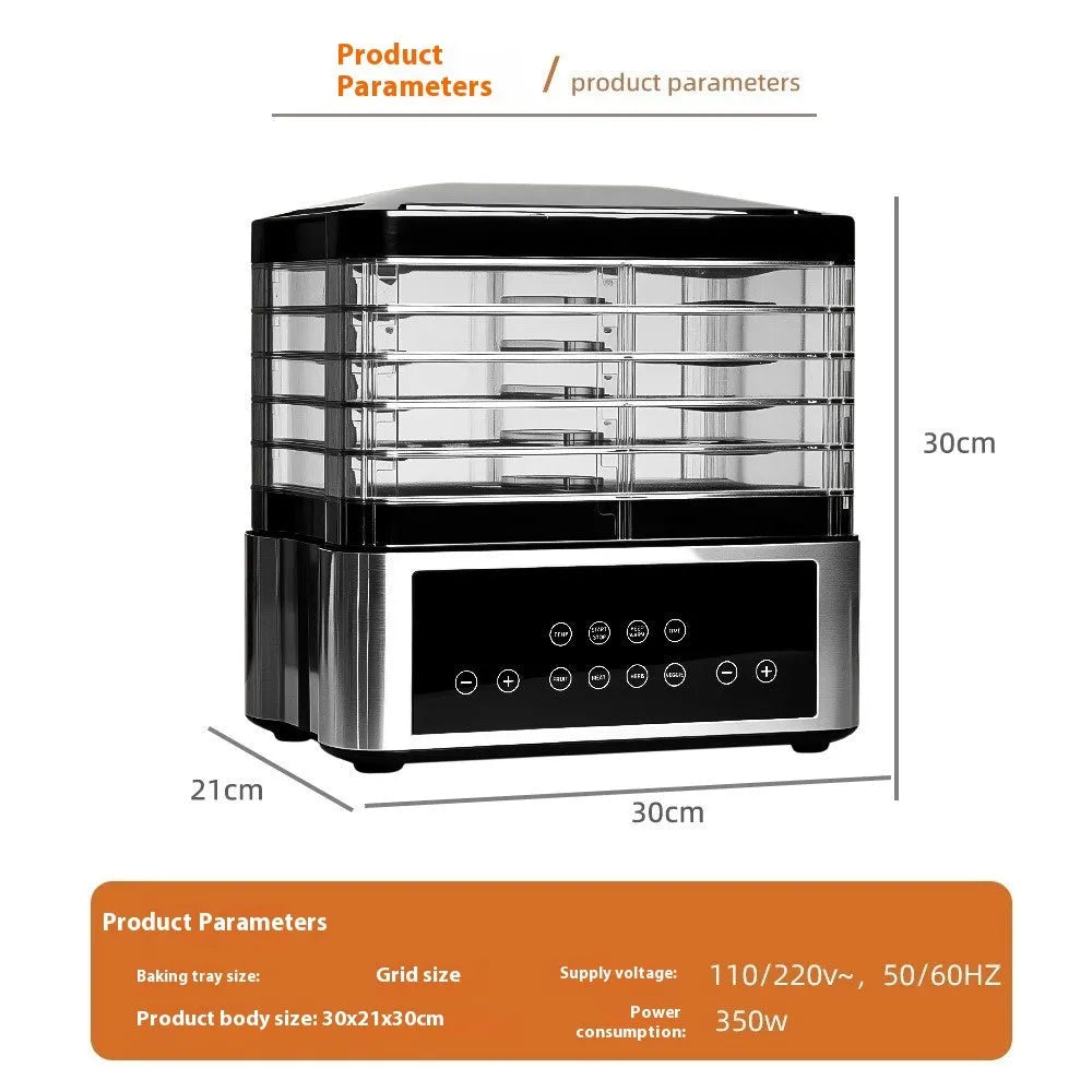 Silver stainless steel food dehydrator appliance with digital controls on a kitchen counter.