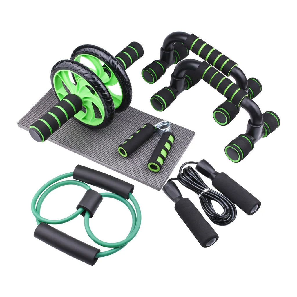 Push-up bracket fitness equipment with abdominal wheels in red, green, black, and blue colour options
