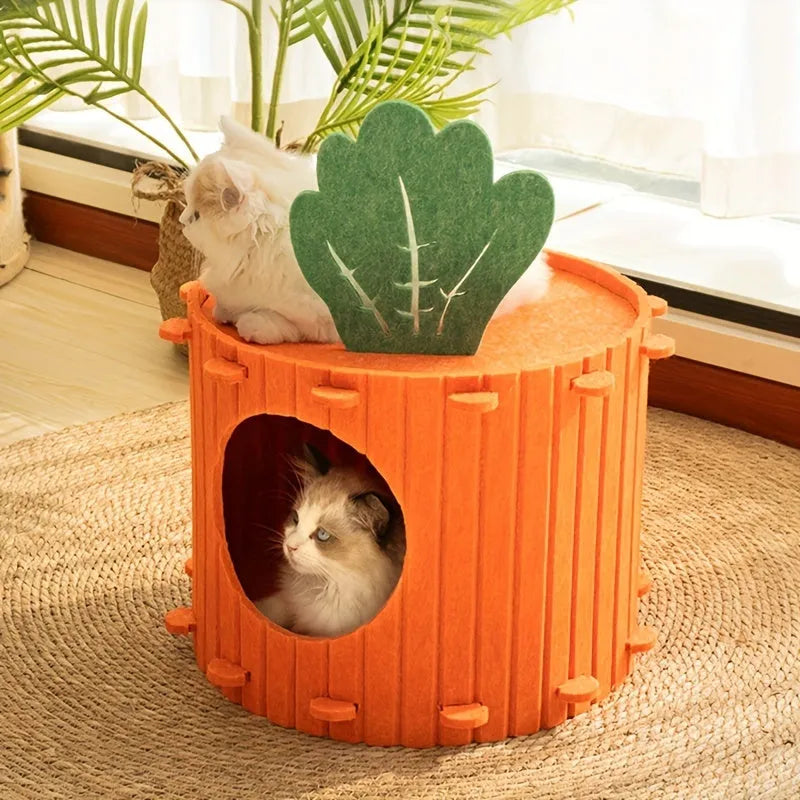 Carrot-shaped grey felt cat tunnel nest for cats, shown in a semi-enclosed design.