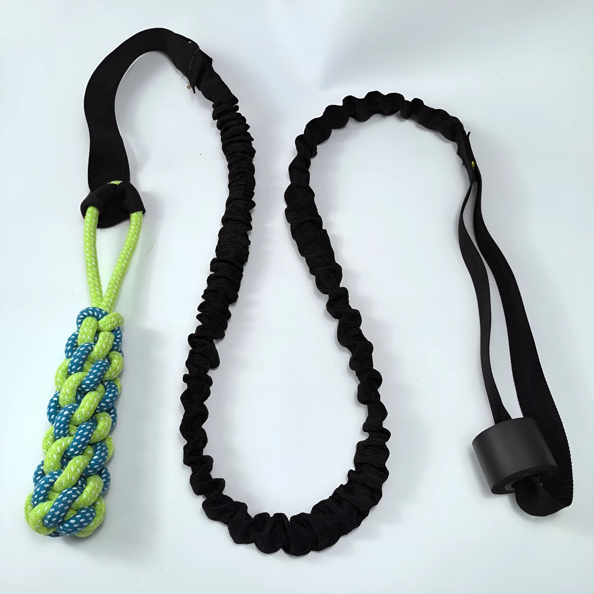 Green cotton dog tug rope toy with corncob chewable element for indoor outdoor bite play