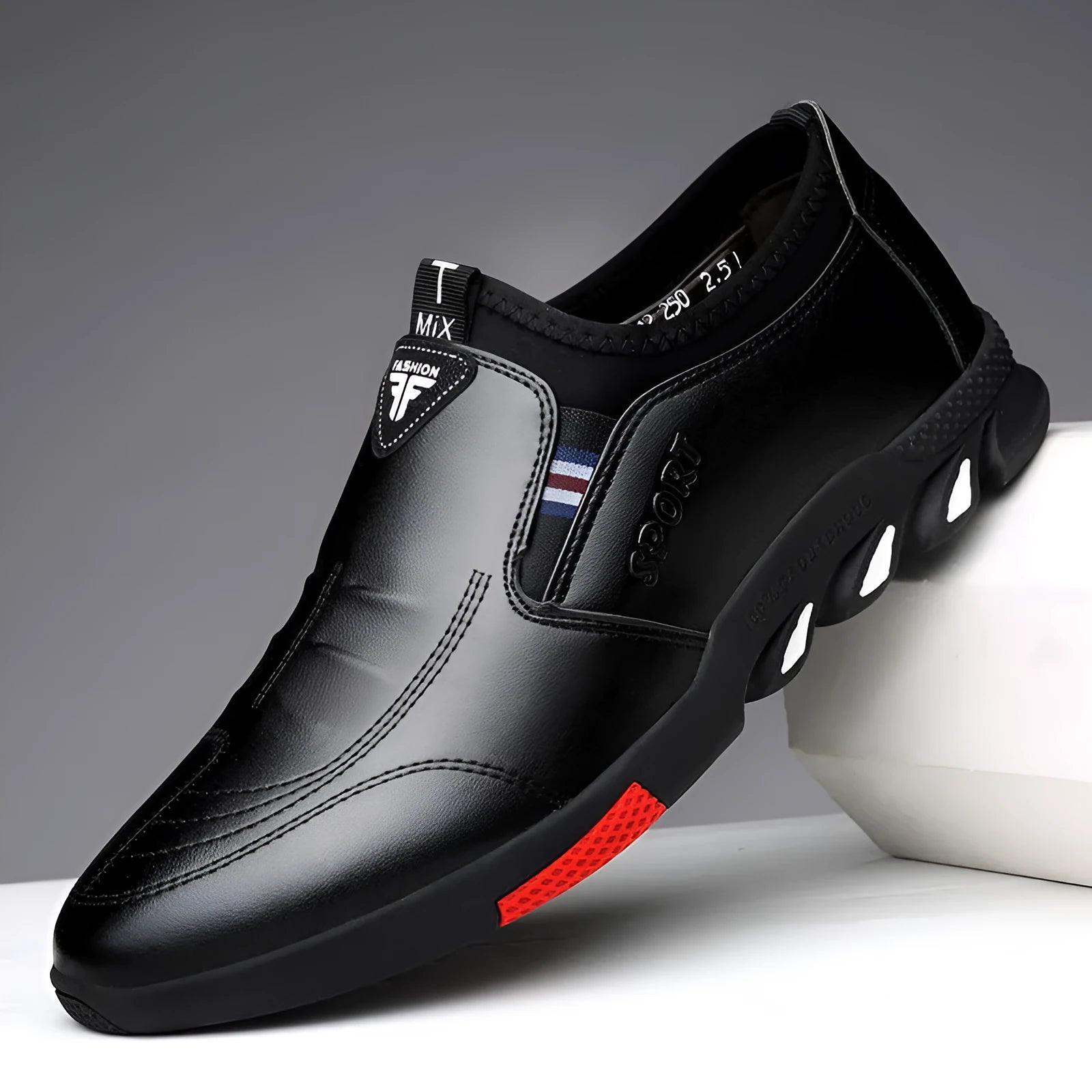 Men's black and brown PU leather shoes with flat heel and plain toe design