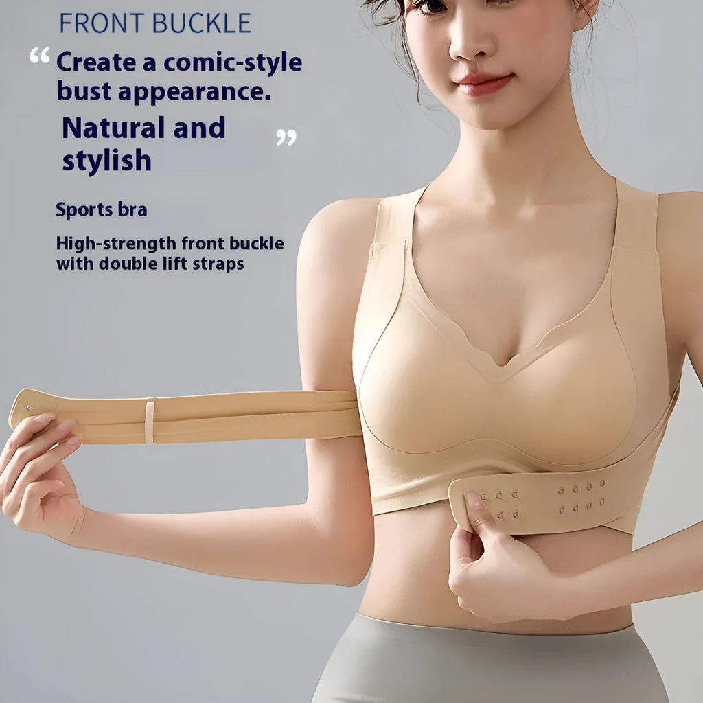Women's front buckle yoga bra in black, showing back shaping design and adjustable straps.