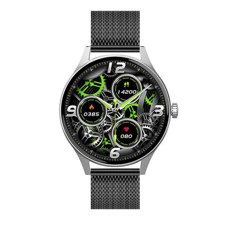 Smart watch with circular AMOLED screen showing health stats, on a black silicone wristband.