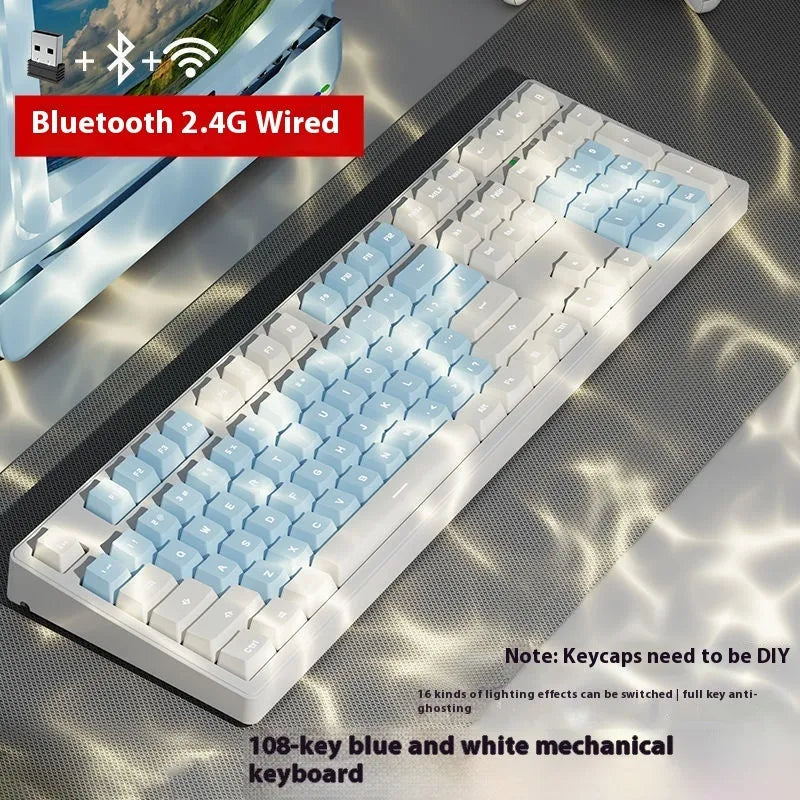 Wireless mechanical keyboard with three connection modes, shown in a choice of 87-key or 108-key layouts and various colour themes.