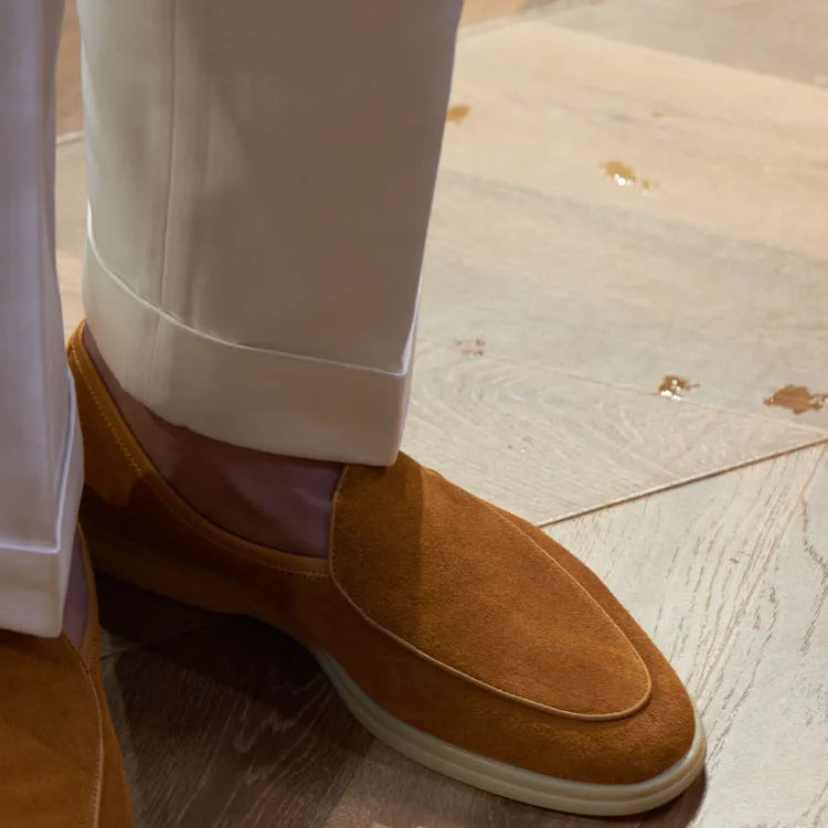 Men's brown genuine leather LP flat loafers with a low cuff, shown on a white background.